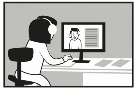 Bilden föreställer en person som kommunicerar med någon via datorn