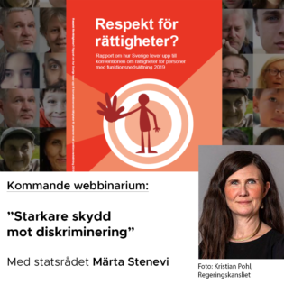 Puff för ett kommande webbinarium: Starkare skydd mot diskriminering" med Märta Stenevi