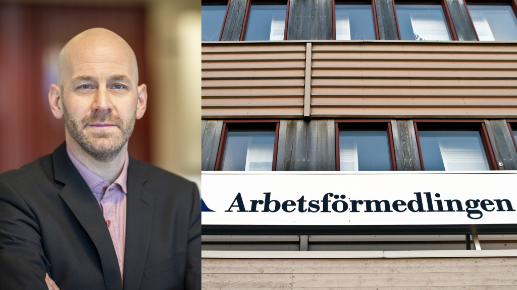 Porträtt bild av en man mixad med en bild på en fasad med skylten "Arbetsförmedlingen"