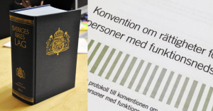 Kollagebild med svensk lagbok och Funktionsrättskonventionen