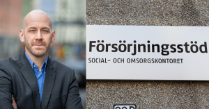 Kollage med bild på man och bild på skylt med texten "Försörjningsstöd"