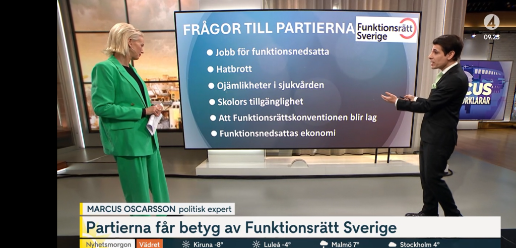 Bild på en man som visar text på en skärm där det finns en punktlista med rubriken "Frågor till partierna"